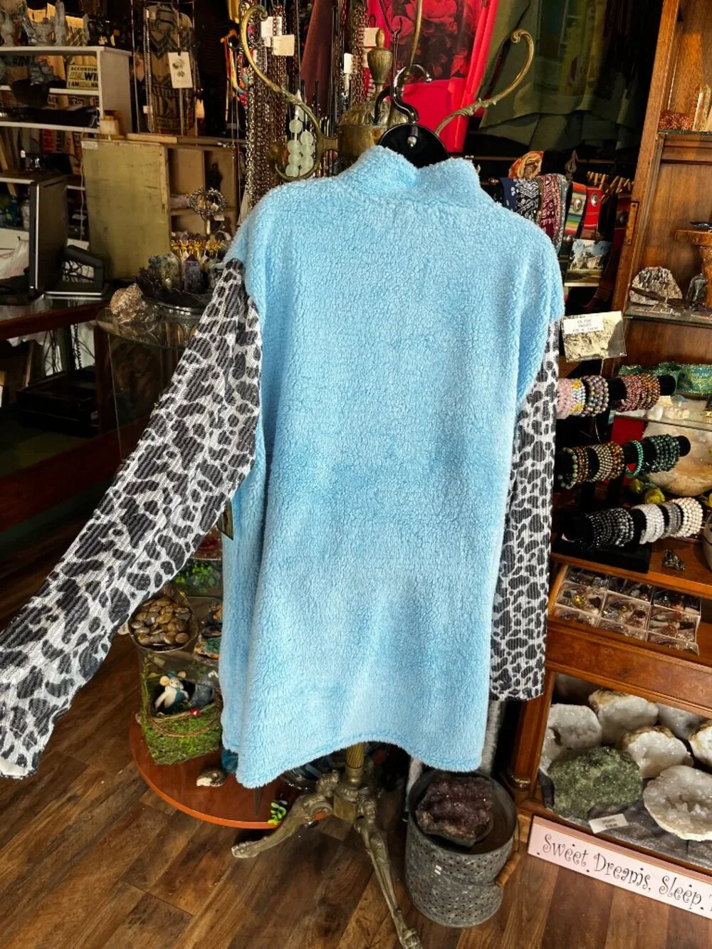Lucky & Blessed Fuzzy Blue Silver Sparkle Leopard Print Front Zip Jacket - Picture 4 of 6